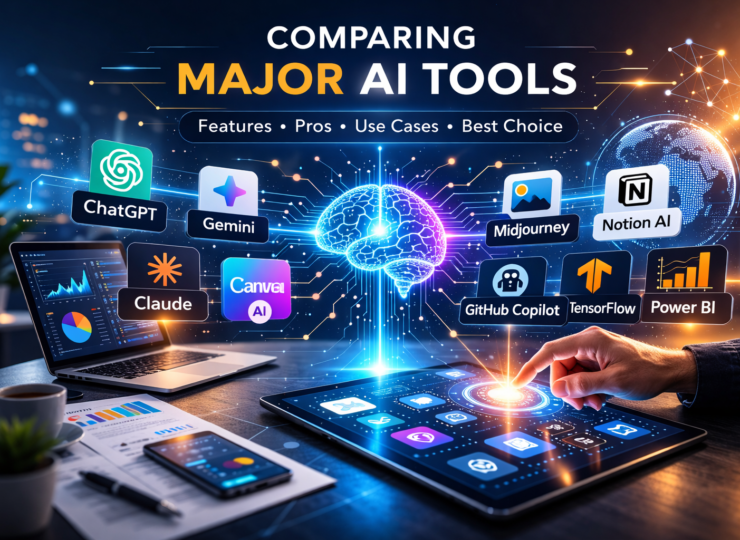 Futuristic digital scene showing major AI tools, with a glowing AI hub, laptops, tablets, and a robotic hand interacting with analytics, design, and productivity icons.