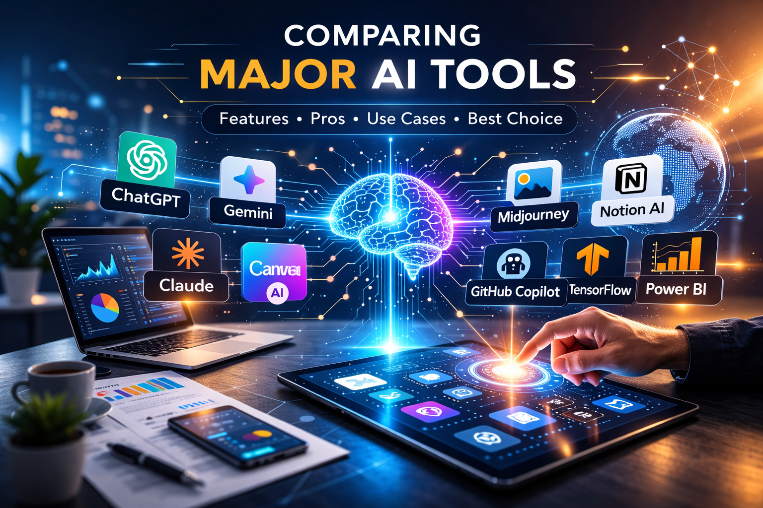 Futuristic digital scene showing major AI tools, with a glowing AI hub, laptops, tablets, and a robotic hand interacting with analytics, design, and productivity icons.
