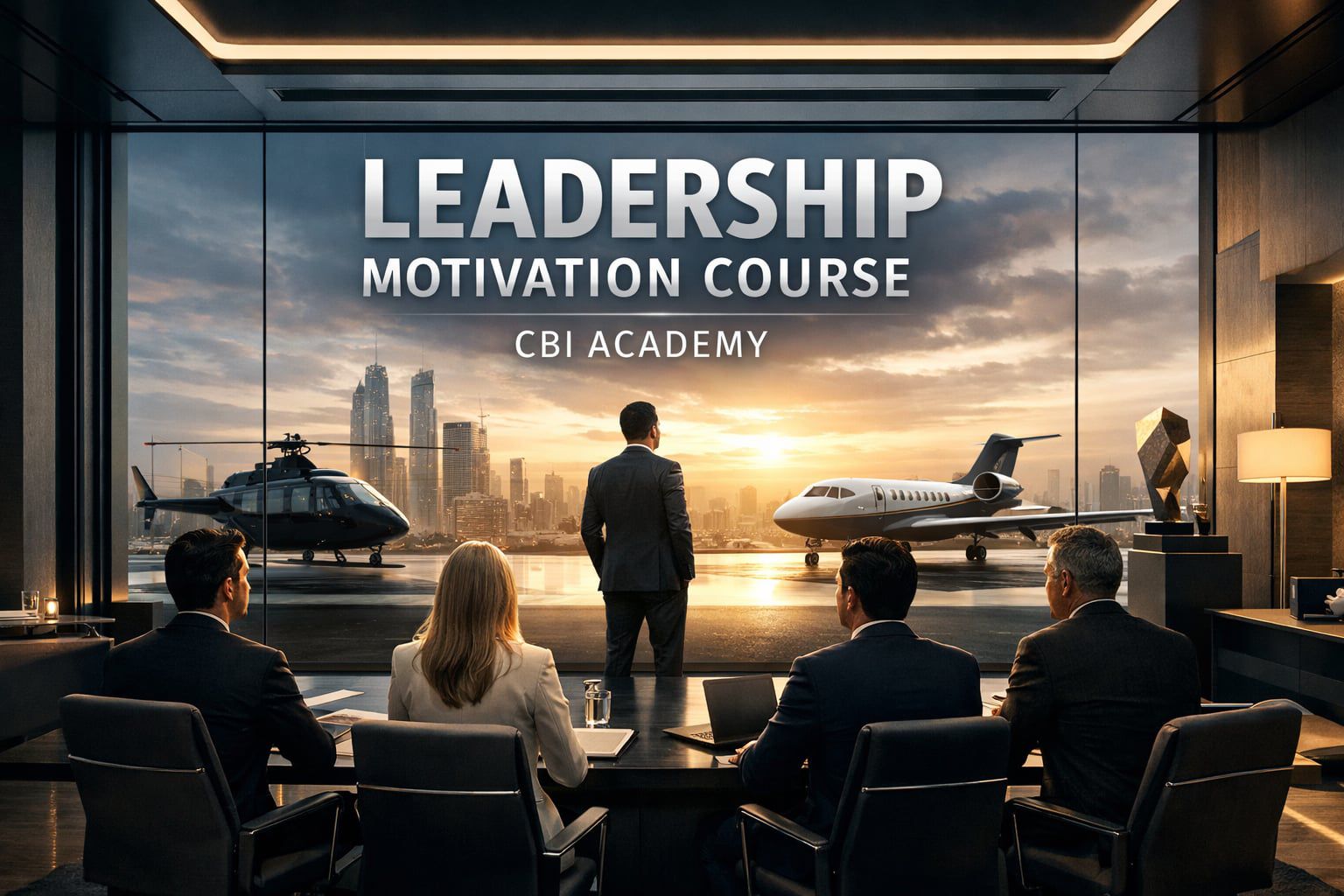 Here is a professional, SEO-optimized alt text for your image: Alt text: Luxury leadership motivation course at CBI Academy featuring executives in a high-end boardroom overlooking a city skyline with private jet and helicopter at sunset. If you'd like, I can also provide: 🔎 More SEO-optimized version (for ranking) ♿ Accessibility-focused descriptive version (more detailed for screen readers) 📈 Conversion-focused alt text (marketing angle) 📱 Short alt text for faster page performance Tell me your website goal (SEO, accessibility, ads, branding), and I’ll tailor it perfectly.