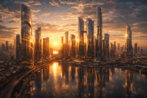 Ultra-realistic wide-angle view of a futuristic city skyline at sunset, with tall glass skyscrapers glowing in golden light, their reflections shimmering on a calm river below, dramatic clouds in a warm orange sky, and a sleek bridge curving into the illuminated metropolis.