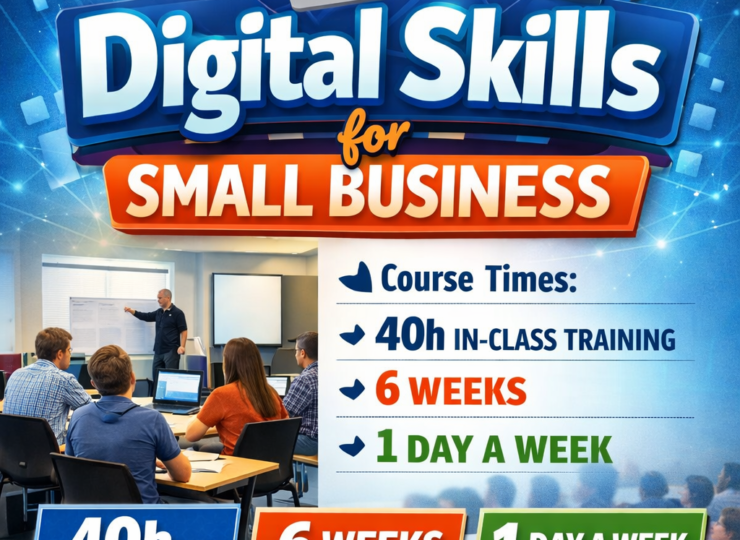 Digital Skills for Small Business course poster by CBI Academy showing laptop, social media icons and classroom training with 40 hours in-class training over 6 weeks, one day per week.
