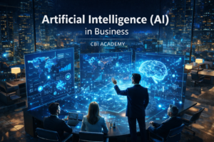 uturistic office at night with professionals interacting with AI holographic displays, showing 3D data, neural networks, and glowing city skyline through large windows, representing AI in business."