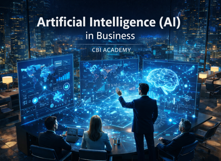 uturistic office at night with professionals interacting with AI holographic displays, showing 3D data, neural networks, and glowing city skyline through large windows, representing AI in business."