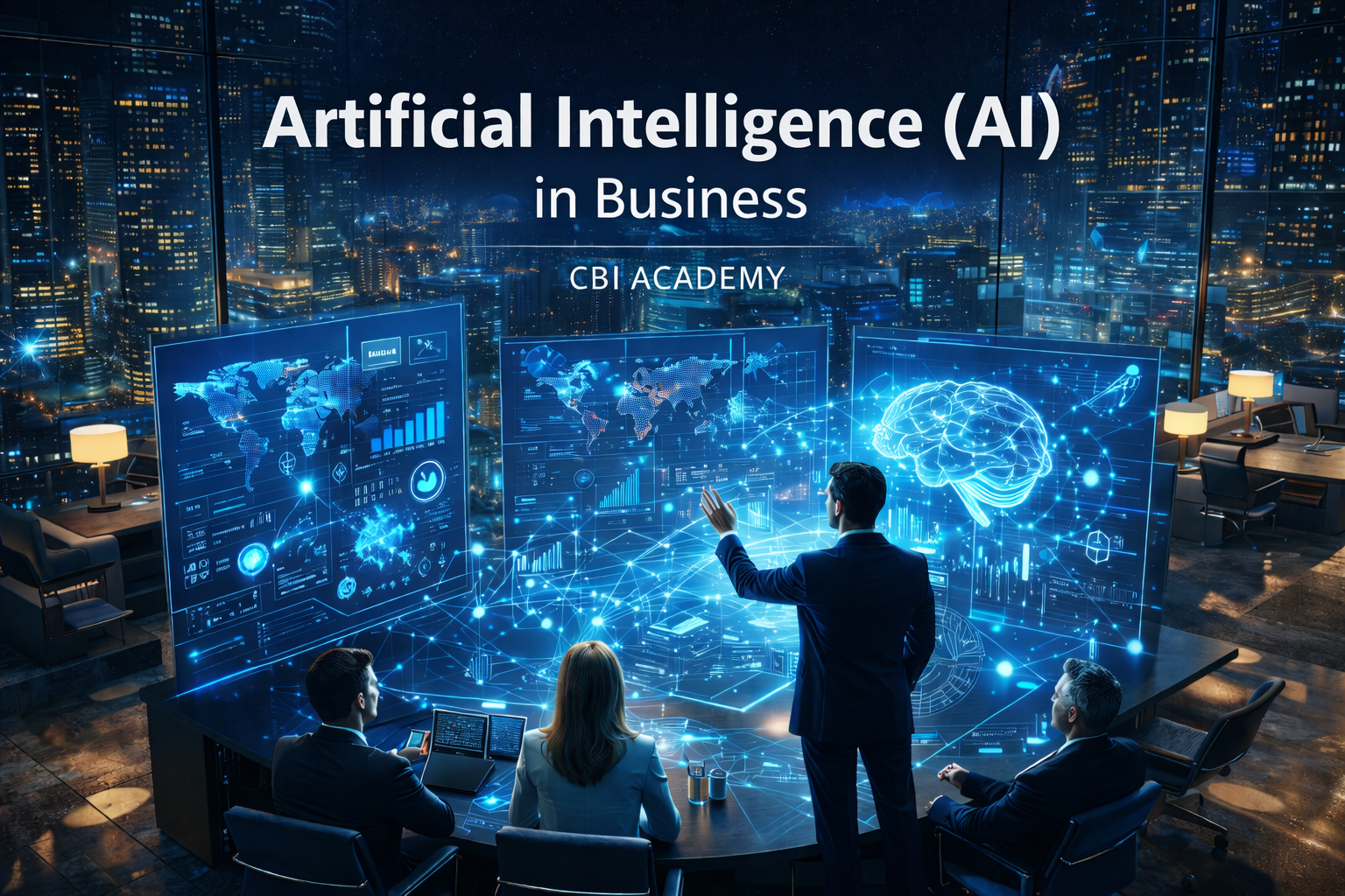 uturistic office at night with professionals interacting with AI holographic displays, showing 3D data, neural networks, and glowing city skyline through large windows, representing AI in business."