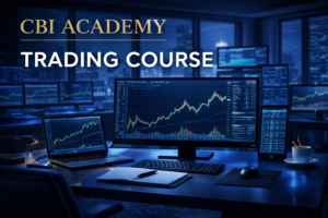 Modern trading room setup with multiple monitors displaying financial charts and market data, illuminated by cool blue lighting. A central desk features a laptop, keyboard, notebook, and coffee cup, while the background shows a city skyline at night. Overlay text reads “CBI Academy – Trading Course” in gold and white.