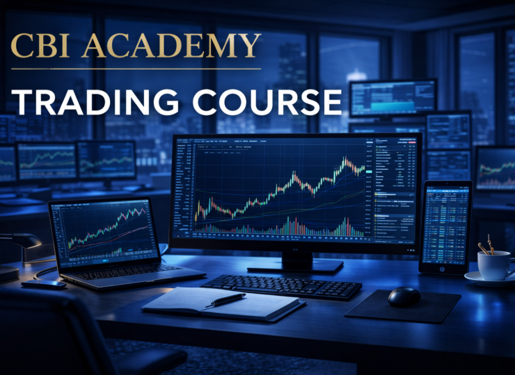 Modern trading room setup with multiple monitors displaying financial charts and market data, illuminated by cool blue lighting. A central desk features a laptop, keyboard, notebook, and coffee cup, while the background shows a city skyline at night. Overlay text reads “CBI Academy – Trading Course” in gold and white.