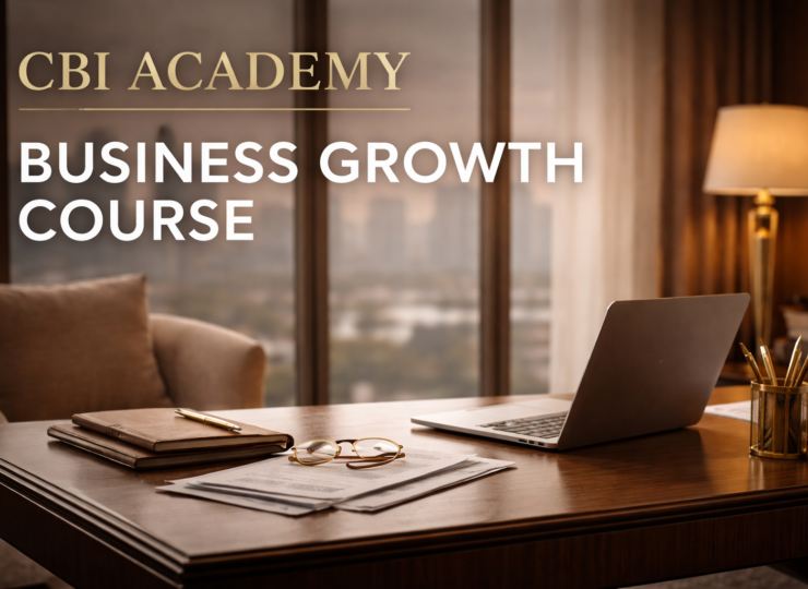 Elegant office workspace with a polished wooden desk featuring a laptop, leather notebook, documents, and gold-accented accessories, set against a softly blurred city skyline at sunset. Warm ambient lighting and neutral tones create a sophisticated, professional atmosphere. Overlay text reads “CBI Academy – Business Growth Course” in refined gold and white typography.