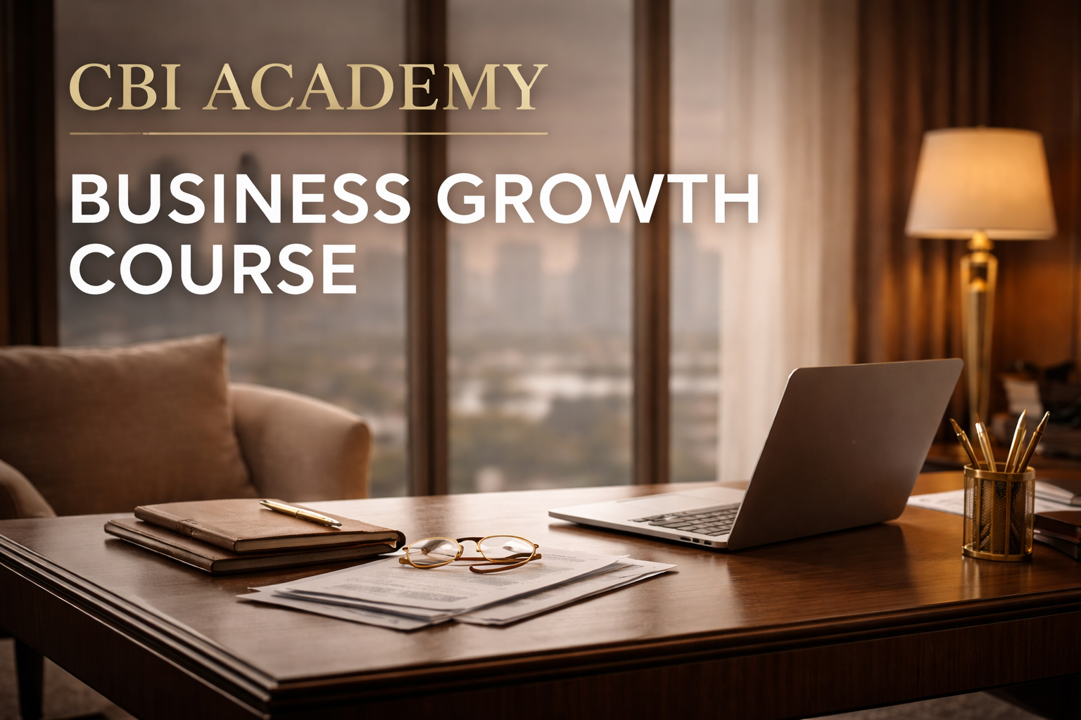 Elegant office workspace with a polished wooden desk featuring a laptop, leather notebook, documents, and gold-accented accessories, set against a softly blurred city skyline at sunset. Warm ambient lighting and neutral tones create a sophisticated, professional atmosphere. Overlay text reads “CBI Academy – Business Growth Course” in refined gold and white typography.