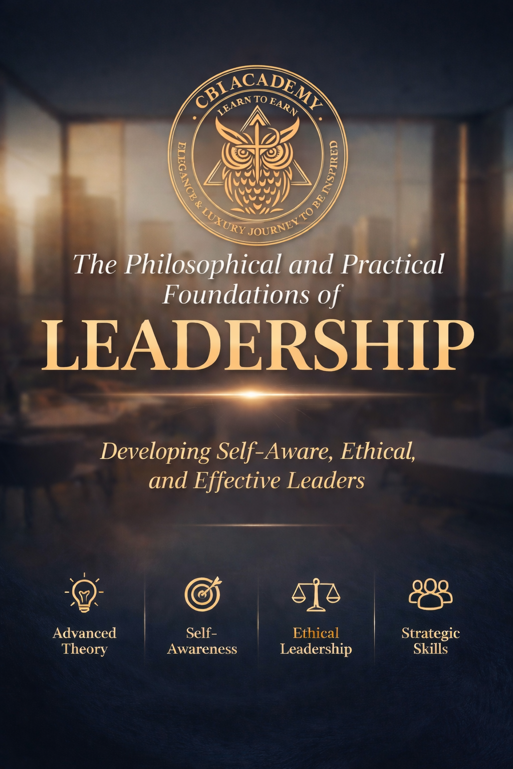 Elegant promotional graphic for “CBI Academy” leadership program, featuring a gold owl logo, the title “The Philosophical and Practical Foundations of Leadership,” and themes of self-awareness, ethics, and strategic skills over a blurred city office background.