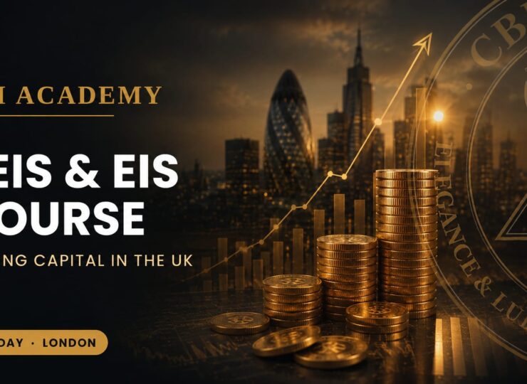 CBI Academy SEIS & EIS Course promotional banner featuring stacks of gold coins, an upward financial growth chart, the London skyline, and the text "SEIS & EIS Course – Raising Capital in the UK – One Day – London."